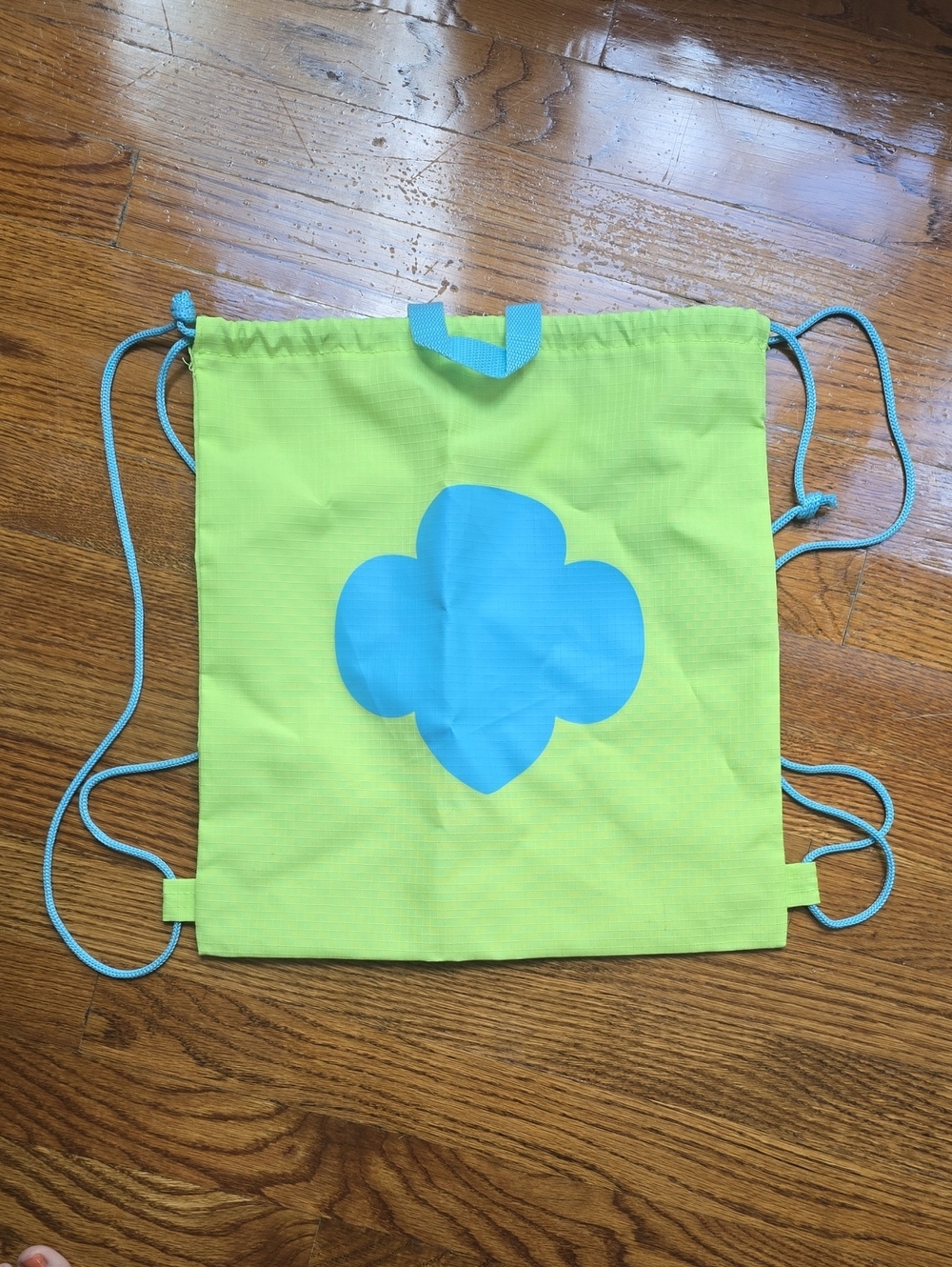 Daisy Girlscout Lime Green Drawstring Bag with Blue Clover Accent